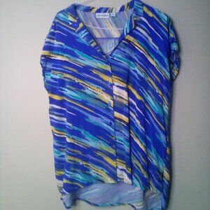 Kiwi Fresh Shirt Women XL Short Sleeve Button Up Print Blue Green Yellow